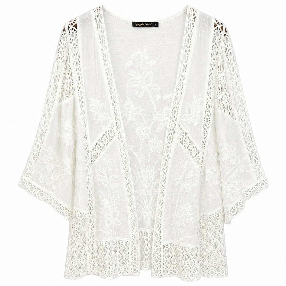Spiaggia Dolce White Cotton Crochet Lace Floral Embroidered Kimono Cardigan L